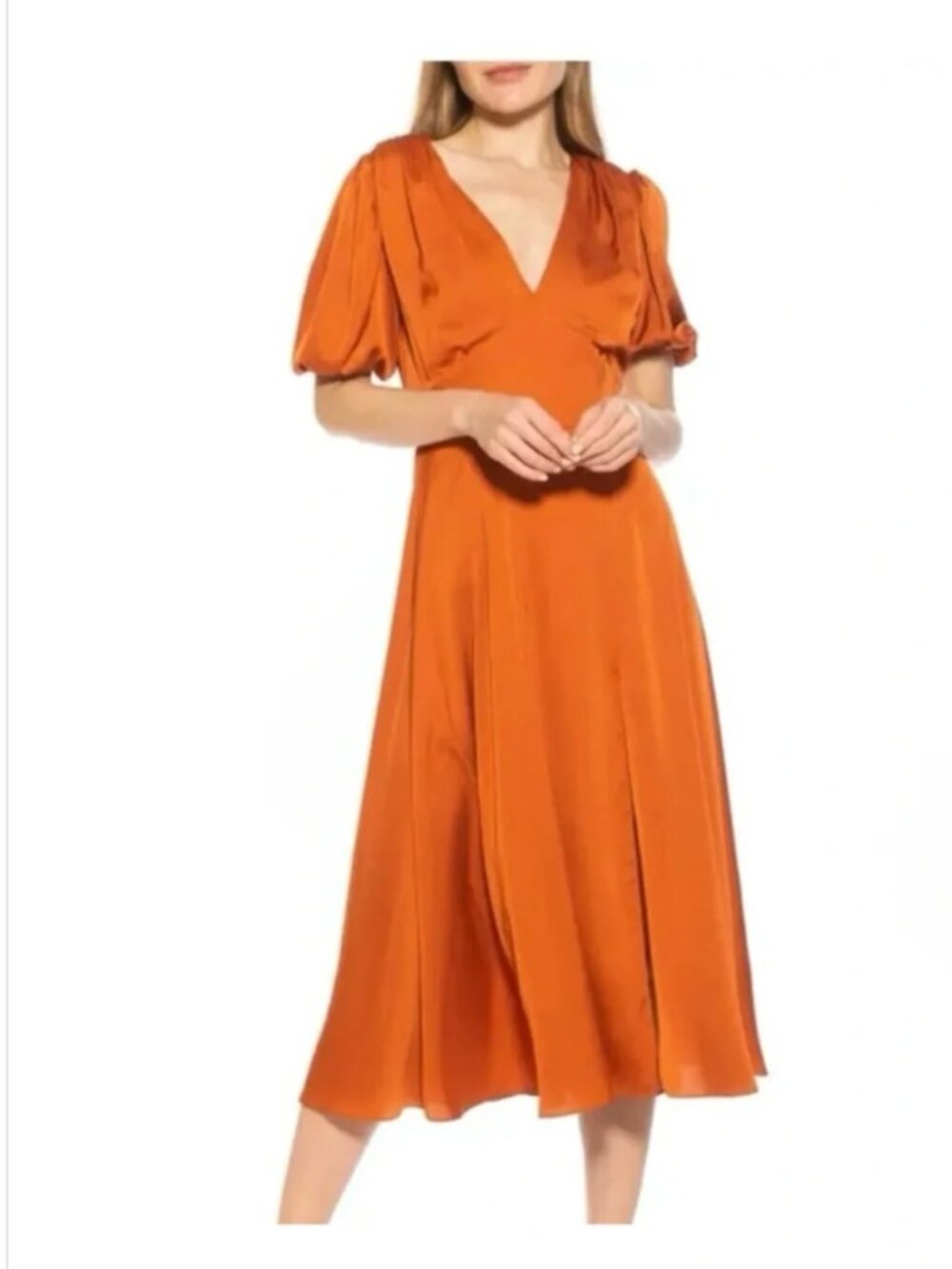 Alexia Admor Orange Puff Sleeve Midi Dress 2 Fall Wedding Guest